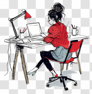 Cartoon Woman Working - Illustration Of Woman Working At Her Desk Transparent PNG
