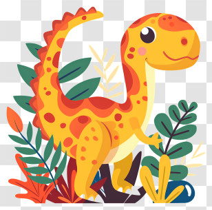 Dinosaur - Cute Orange Dinosaur With Jungle Leaves Transparent PNG