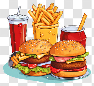 Fast Food - Delicious Fast Food Meal With Burgers And Soda Transparent PNG