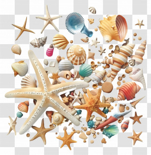 Beachcombing - Assorted Seashells And Starfish Collection Transparent PNG