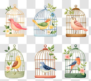 Birds In Various Cages - Set Of Birds In Decorative Cages Transparent PNG