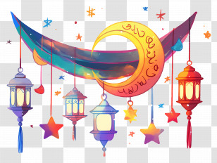 Eid Mubarak - Eid Festival Moon And Lanterns Decoration Transparent PNG