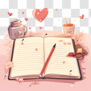 Dear Diary Day - Romantic Notebook And Pencil With Heart Decorations Transparent PNG