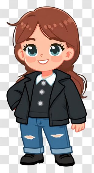 Cartoon Student - Cartoon Girl In Black Jacket And Jeans Transparent PNG
