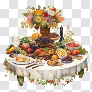 Bountiful Table
 - Festive Table Adorned With Fruits And Flowers Transparent PNG