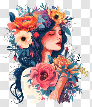 Woman And Flowers - Elegant Woman With Artistic Floral Design Transparent PNG