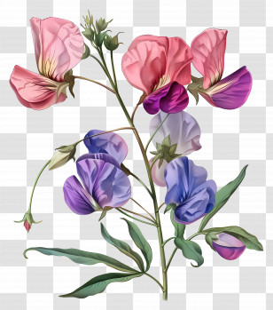 Vintage Flowers - Delicate Pink And Purple Sweet Pea Flowers Illustration Transparent PNG