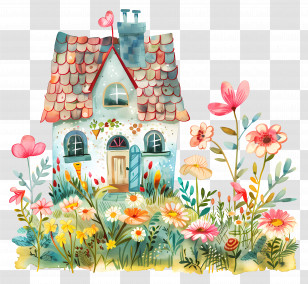 Cottage Garden - Whimsical Cottage Surrounded By Blooming Flowers Transparent PNG