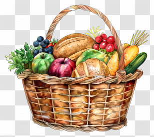 Food Basket - Basket Of Fruits, Vegetables, And Bread Transparent PNG