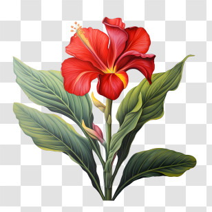 Canna Indica - Red Hibiscus Flower With Green Leaves Transparent PNG