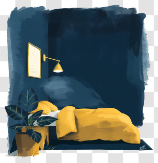 Tropical Beach - Navy Bedroom With Yellow Bedding And Indoor Plant Transparent PNG
