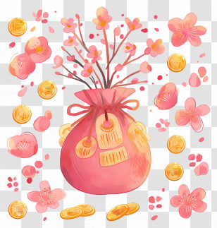 Money Bag - Pink Bag With Flowers And Coins Transparent PNG