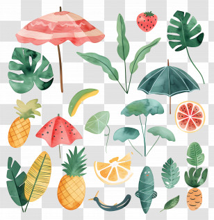 Summer - Tropical Fruits And Beach Umbrellas Transparent PNG