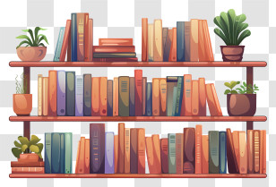 Bookshelf - Books And Plants Arranged On A Wooden Shelf Transparent PNG