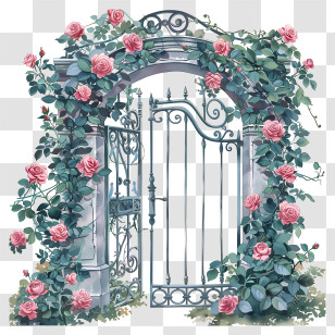 Spring Garden Gate Flowers - Decorative Gate Covered With Roses Transparent PNG