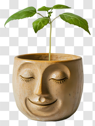 Sleepy Pot - Smiling Plant Pot With Leaves Transparent PNG