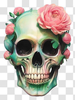 Cartoon - Artistic Skull With Bright Flowers Design Transparent PNG