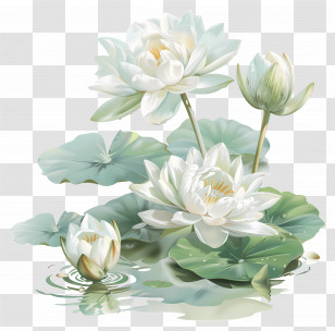 White Water Lilies - White Lotus Flowers On Water Illustration Transparent PNG