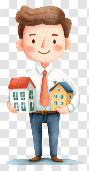 Real Estate Agent Evaluates Property - Cartoon Man With Houses In Hands Transparent PNG