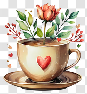 Cartoon - Floral Coffee Cup Illustration With Heart Design Transparent PNG
