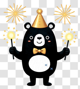 Bear Mascot Celebrating New Year - Cute Black Party Bear Transparent PNG