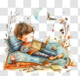 Childrens Bedtime Stories - Boy Reading Book In Bed At Night Transparent PNG