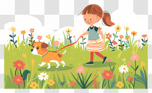 Take Your Dog To Work Day - Girl Walking Dog In Flower Field Transparent PNG