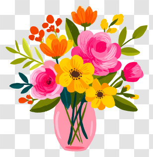 Pink Bouquet - Vase With Colorful Flowers Transparent PNG