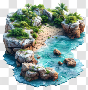 Island Beach - Scenic Ocean Island With Rocks And Palm Trees Transparent PNG