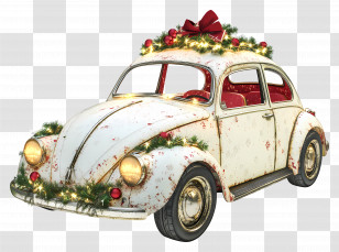 Christmas Car - Vintage White Car Decorated For Christmas Transparent PNG