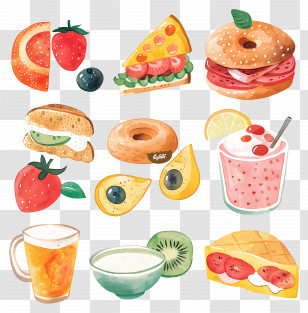 Food - Cartoon Illustration Of Foods And Beverages Transparent PNG
