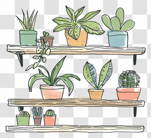 Plants On Shelf - Potted Plants On Wooden Shelves Illustration Transparent PNG