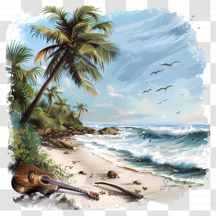 Beach Tunes - Tropical Beach Scene With Guitar Transparent PNG