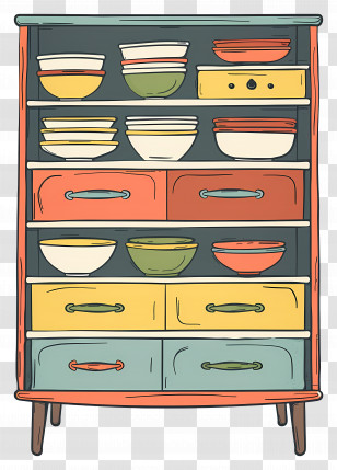 Retro Wooden Cupboard With Colorful Bowls - Retro Wooden Cupboard With Colorful Bowls Transparent PNG