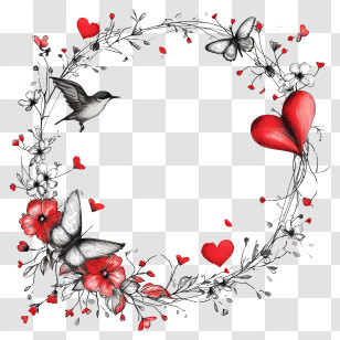 Valentine Frame - Floral And Heart Wreath With Butterflies Transparent PNG