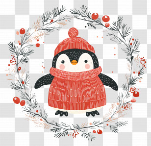 Christmas Penguin - Cute Penguin In A Red Sweater Wreath Design Transparent PNG