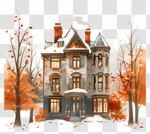 Old House - Victorian-style House In Autumn And Winter Setting Transparent PNG