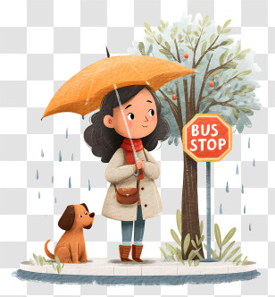 Girl Waiting At Bus Stop - Cozy Rainy Bus Stop With Dog Transparent PNG