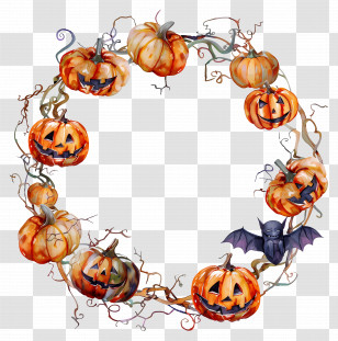 Halloween Wreath - Pumpkin Halloween Wreath With Bat Transparent PNG