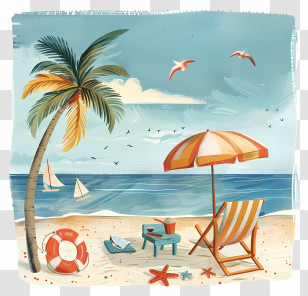 Summer Beach Scene - Tropical Beach And Summer Vacation Scene Transparent PNG