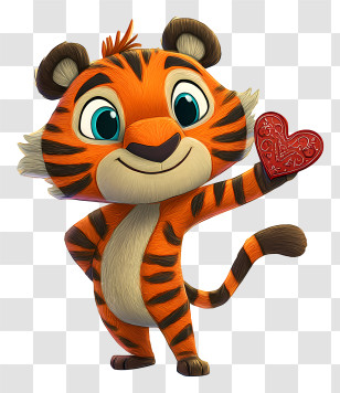 Cartoon Tiger - Adorable Tiger Mascot Holding Heart Transparent PNG