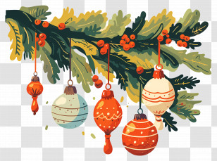 Christmas Balls On A Branch - Festive Christmas Ornaments Hanging On A Branch Transparent PNG