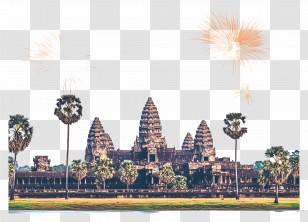Happy 2025 - Angkor Wat With Fireworks Transparent PNG