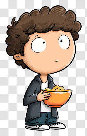 Cartoon Boy Eating Food - Curly Haired Boy With Bowl Transparent PNG