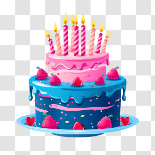 Birthday Cake - Pink And Blue Birthday Cake With Strawberry Decorations Transparent PNG