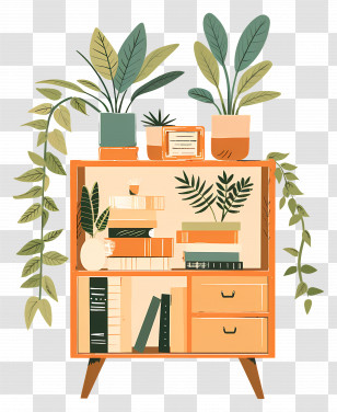 Modern Home Interior - Decorative Bookshelf With Plants Transparent PNG