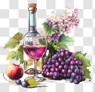 Romantic Life - Wine And Grapes Still Life Illustration Transparent PNG