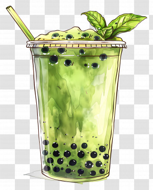 Matcha Bubble Tea - Matcha Boba Tea With Leaves Decoration Transparent PNG