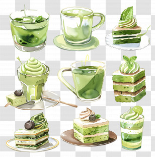 Matcha Desserts - Green Tea Matcha Desserts And Drinks Illustration Transparent PNG