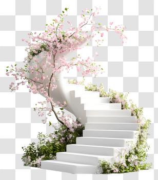 Spring Stairs - White Stairs With Blossoming Flowers Transparent PNG